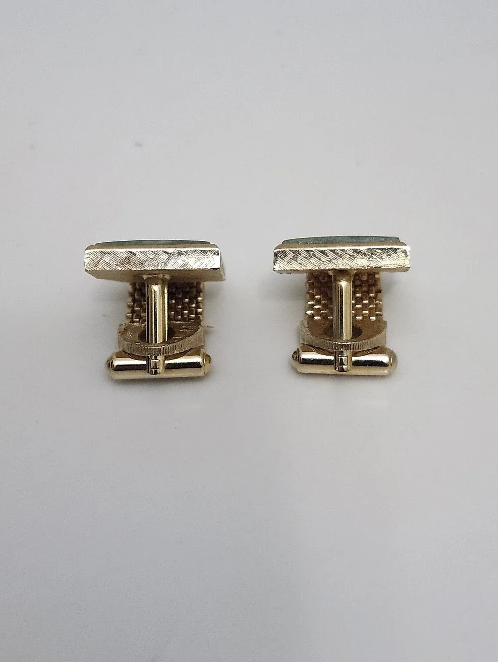 Vintage Gold Tone Mesh Wrap Cufflinks With Green Stone MCM Retro